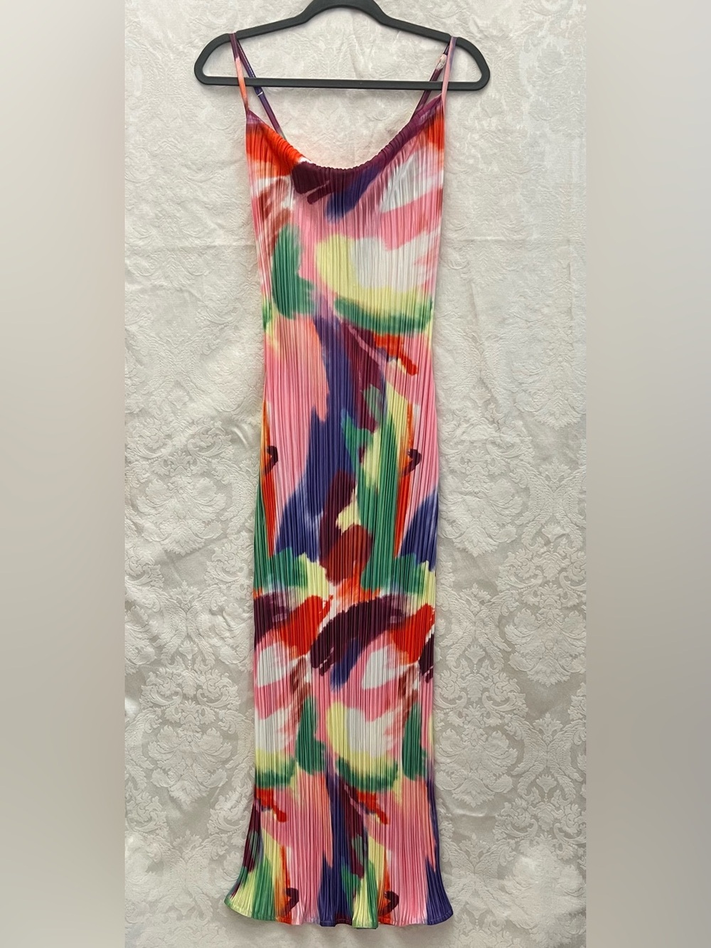Colourful Vibrant Abstract Brushstroke Print Pleated Cowl Neck Maxi Dress Size S - Picture 2 of 9